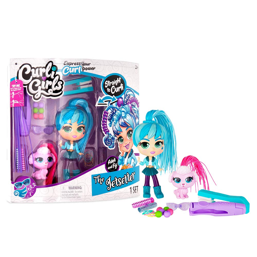 Basic Fun Curligirls Adeli, The Jetsetter & Fiji, Her Dog - Deluxe Hairstyling Doll With Magicurl Hair - Style Again And Again - Ages 3+