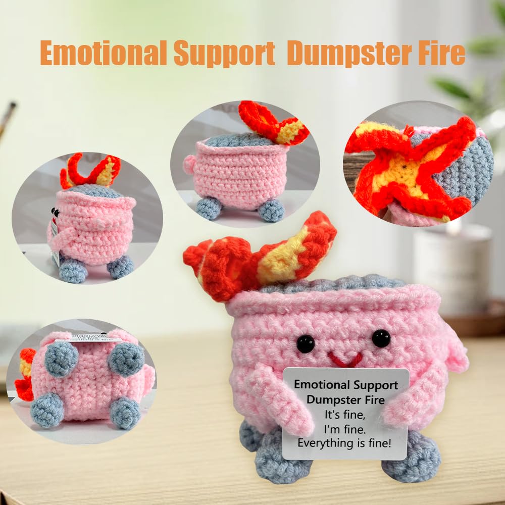 Emotional Support Crochet Dumpster Fire With Positive Card Cute Room Decor Knitted Toys Funny Crochet Support Buddies Gifts For