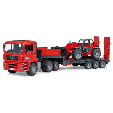 Bruder Man TGA Low Loader Truck with Manitou Loader - Red, Model 02774, Plastic Construction