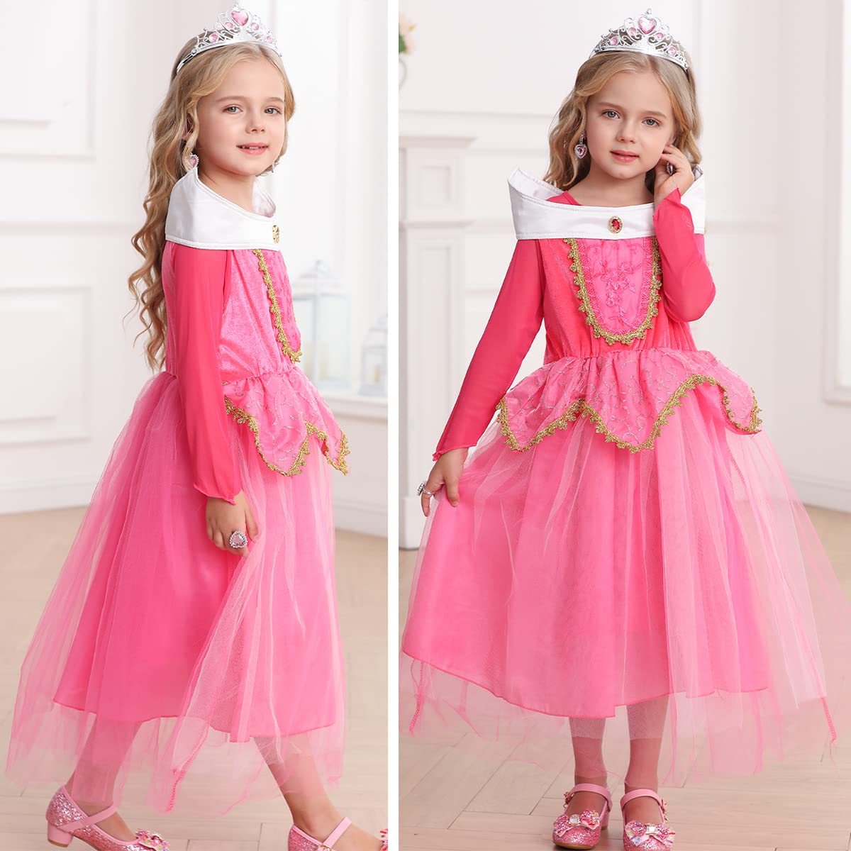 Itvti Girls Princess Dress Up Halloween Party Costume With Crown Wand Earrings Ring, Pink, 6-7 Years (Label 140)