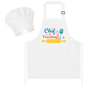 R HORSE Kid Apron and Chef Hat Set 2Pcs Adjustable Children White Kitchen Apron Dress up Role Play Chef Toy Kid Funny Cooking Gi