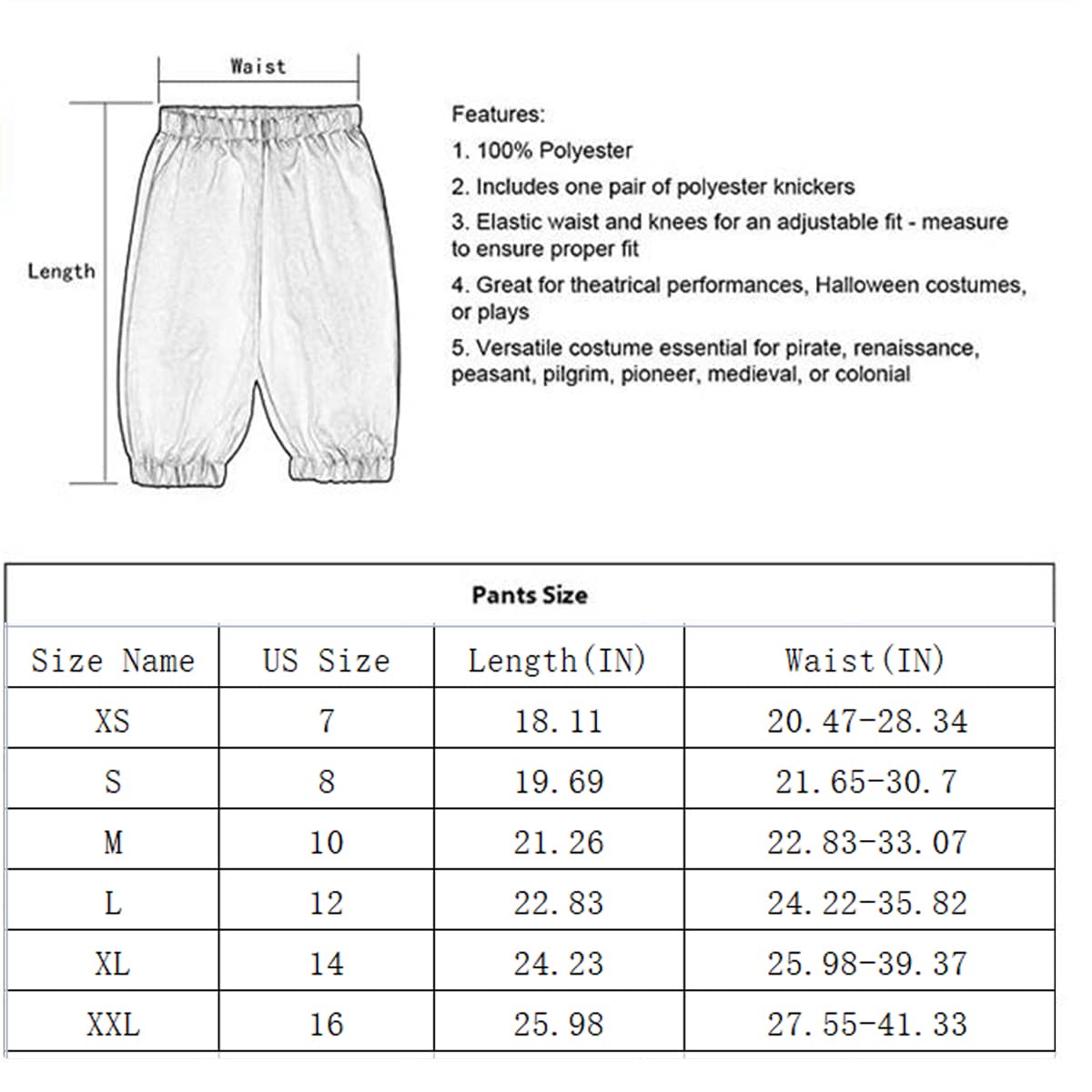 Bpurb Boys Colonial Costume 18Th Century Colonial Boys Costume Boys Colonial Pants Boys Knicker Pants Size 7 8 10 12 14 16 (Whit