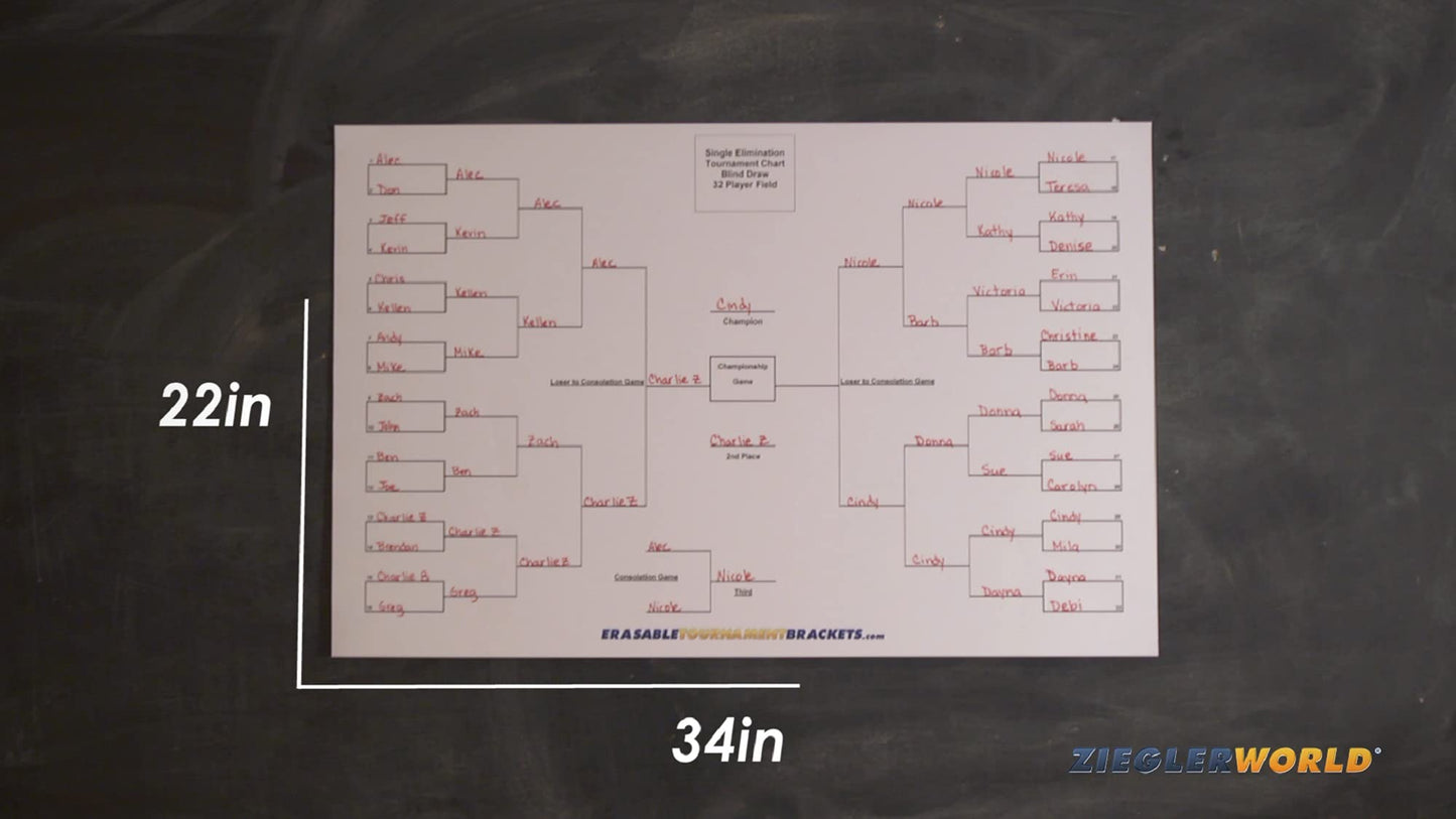 Zieglerworld 32-Team Erasable Blind Draw Tournament Bracket Chart 22x34 - White Plastic with Erasable Pen