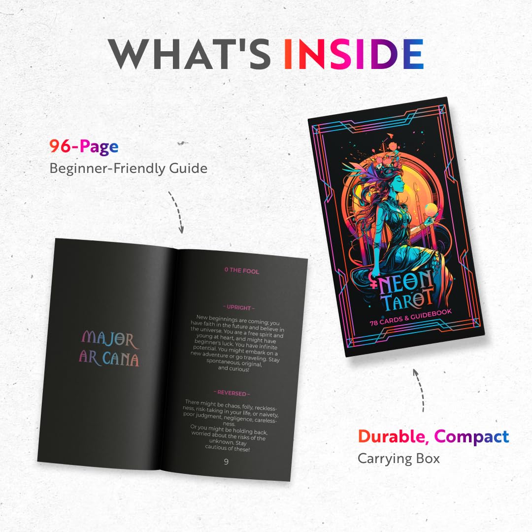 CRAFTERIAN Neon Tarot Cards - 78 Original Cards for Beginners & Experts with Guide Book - Multicolor Fortune Telling & Divination Tools