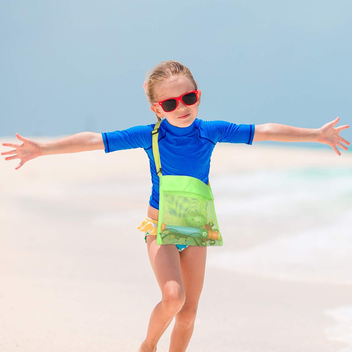 Tuparka 4 Pcs Colorful Mesh Beach Bags Sea Shell Bags Beach Shell Bags Adjustable Carrying Straps Bags For Kids