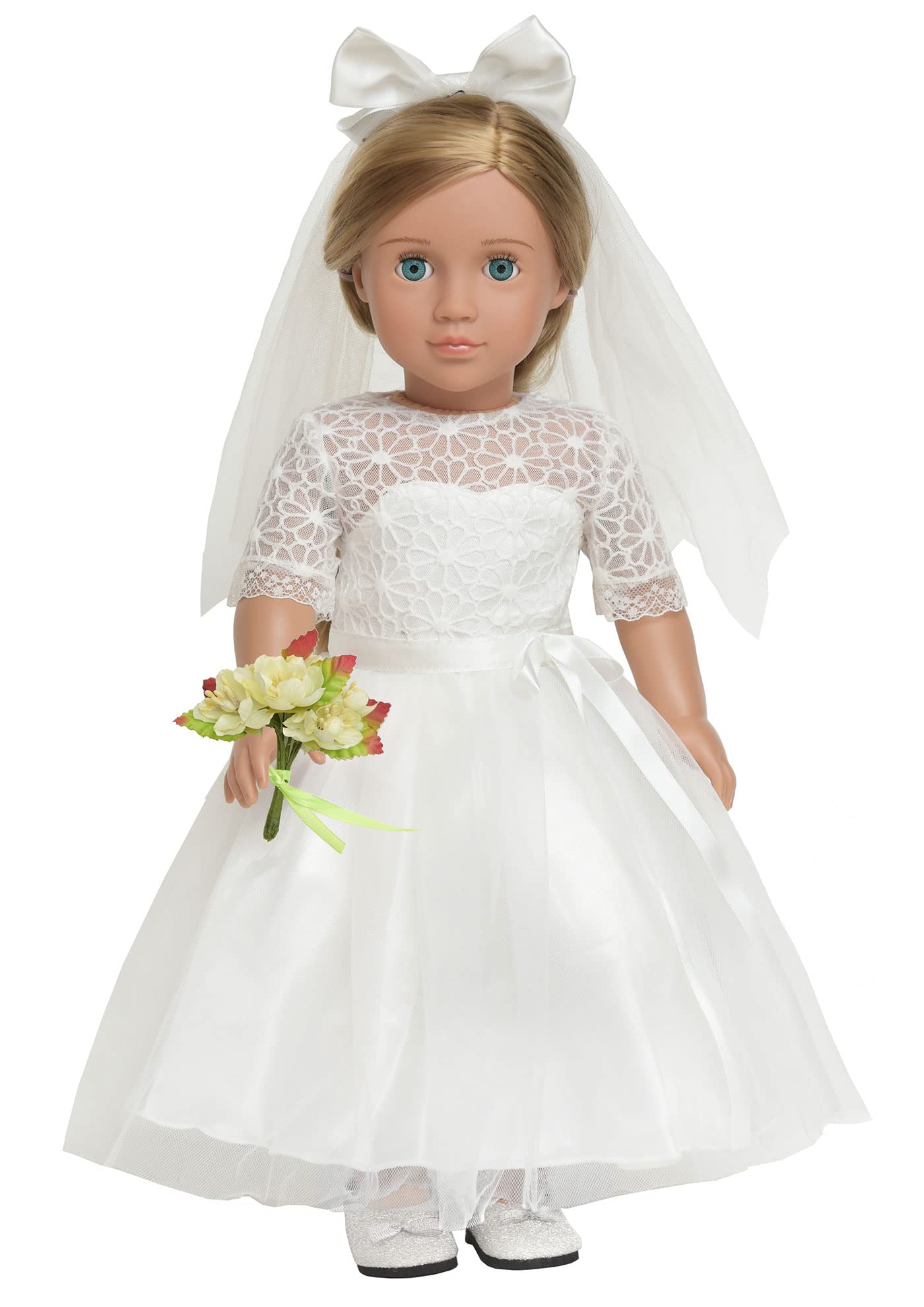 Sweet Dolly 18 Inches American Doll Clothes First Communion Gorgeous White Wedding Dress Veil Bouquet Sets Fit 18 Inches Dolls