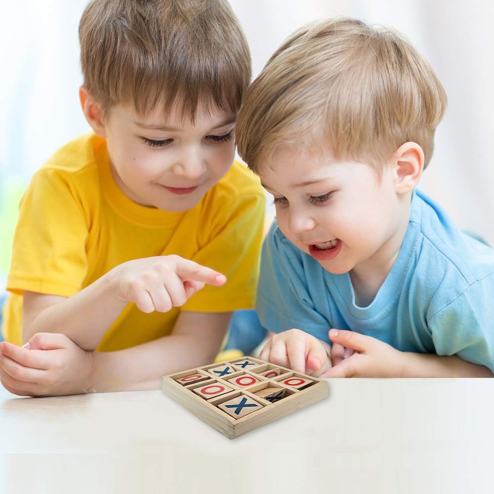 Gamie Wooden Tic-Tac-Toe Game, Small Travel Game With Fixed Spinning Pieces, Classic Wood Game For Kids, Fun Indoor Game Night Activity For Boys And Girls
