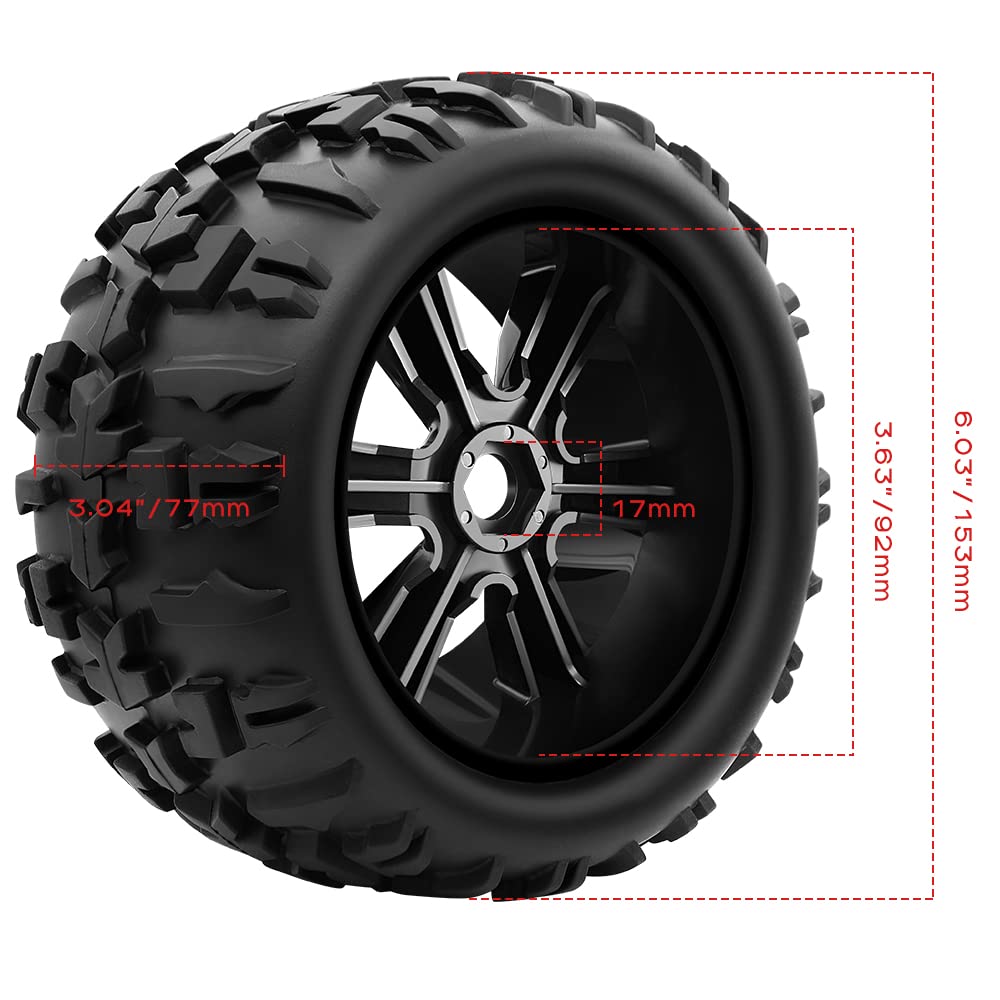 GLOBACT Pre-Glued 1/8 1/10 17mm Hex RC Monster Truck Wheels & Tires, Black, Foam Inserts, Compatible with TRX ERevo, T