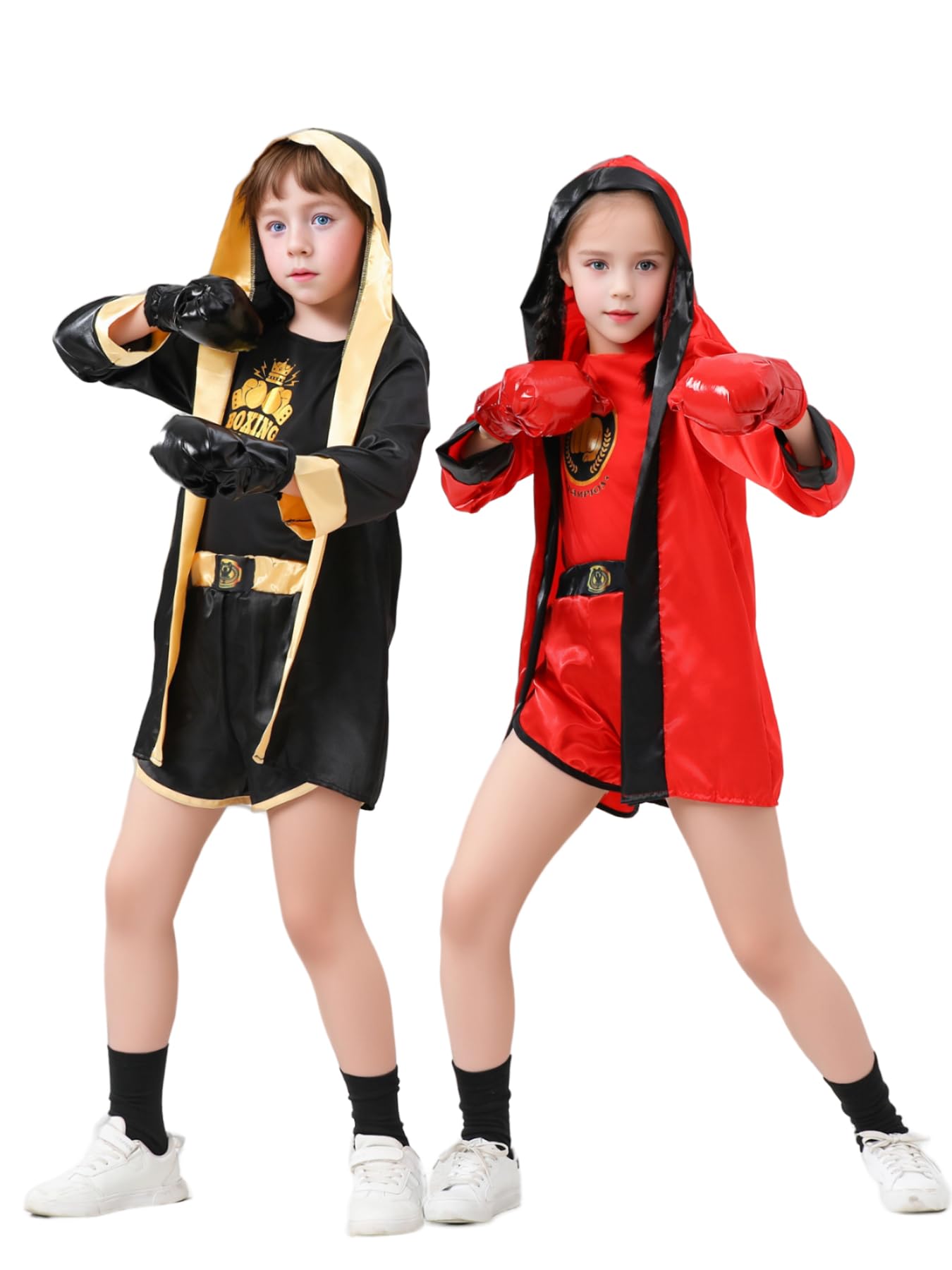 Child's 4 Pcs Boxing Champions Costume with Top, Shorts, Hooded Cape, Gloves Halloween Fancy Dress Boxer Uniform for Kids (Black