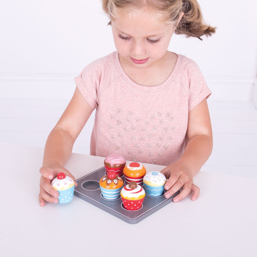 Bigjigs Toys Wooden Cupcakes Muffin Tray - Colorful Pretend Play Food for Creative Kids
