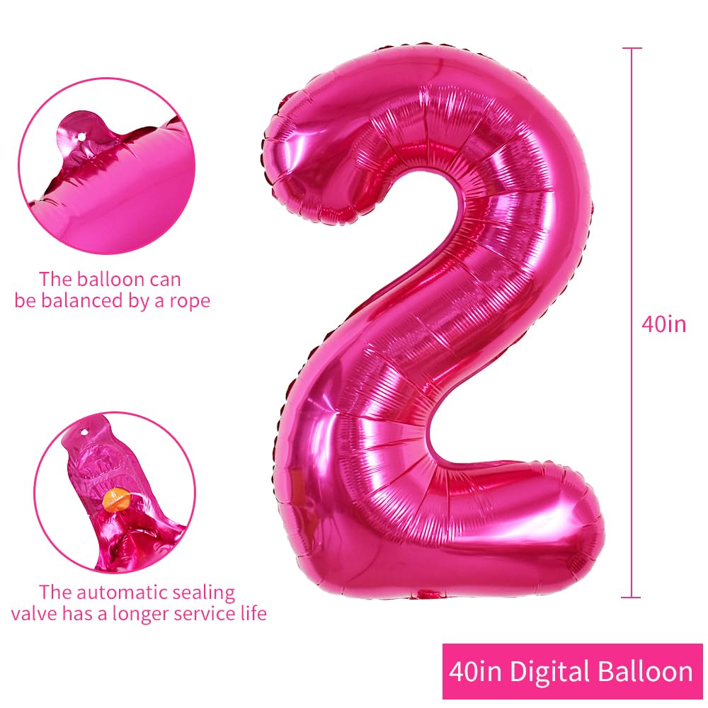 Toniful 40 Inch Hot Pink Large Numbers Balloon 0-9 Birthday Party Decorations,Foil Mylar Big Number 2 Balloon Digital 2 For Birt