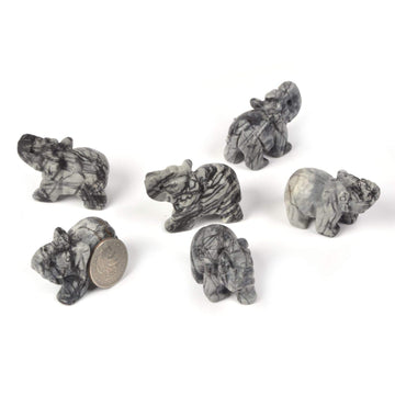 Carved Natural Black Network Jasper Gemstone Elephant Healing Guardian Statue Figurine Crafts 2 Inch