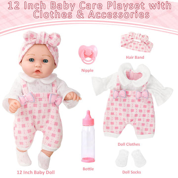 12 Girl Baby Doll Playset with Accessories and Clothes in Gift Box for Little Girls,12 Inch Small Realistic Baby Dolls Pacifier