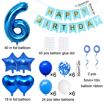 Huture 6 Birthday Party Supplies Blue Number 6 Foil Balloon Happy Birthday Banner Kit 6Th Birthday Decoration White Blue Latex C