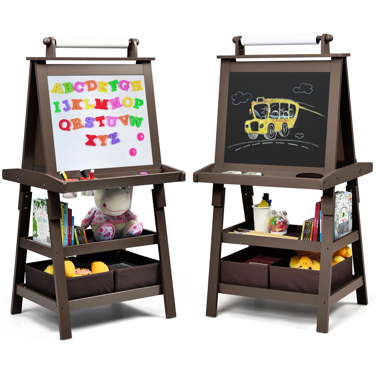 Honey Joy Art Easel For Kids, 3-In-1 Double-Sided Wooden Toddler Easel W/Magnetic White Board & Chalkboard, Paper Roll, 2 Storage Bins, Painting Dry Erase, Kids Easel For Boys Girls Aged 3+ (Coffee)