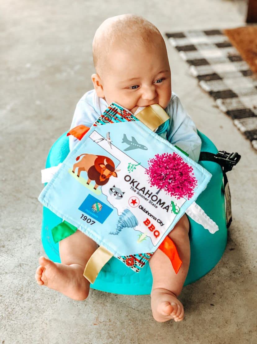 Baby Jack & Co 8X8” Learning Lovey Tag Toys For Babies - Baby Crinkle Toys - Crinkle Toys For Baby - Soft & Safe - Learn Usa State Facts - Ideal Baby Toy Bpa Free W/Stroller Clip (Oklahoma)