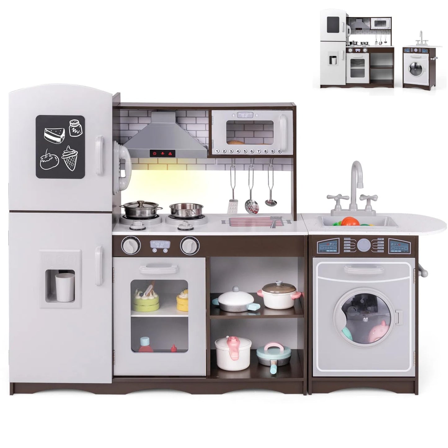 HONEY JOY Kids Kitchen Playset, 2-Piece Modular Wooden Play Kitchen for Toddlers & Washing Machine w/Sink, Lighted Range Hood, B