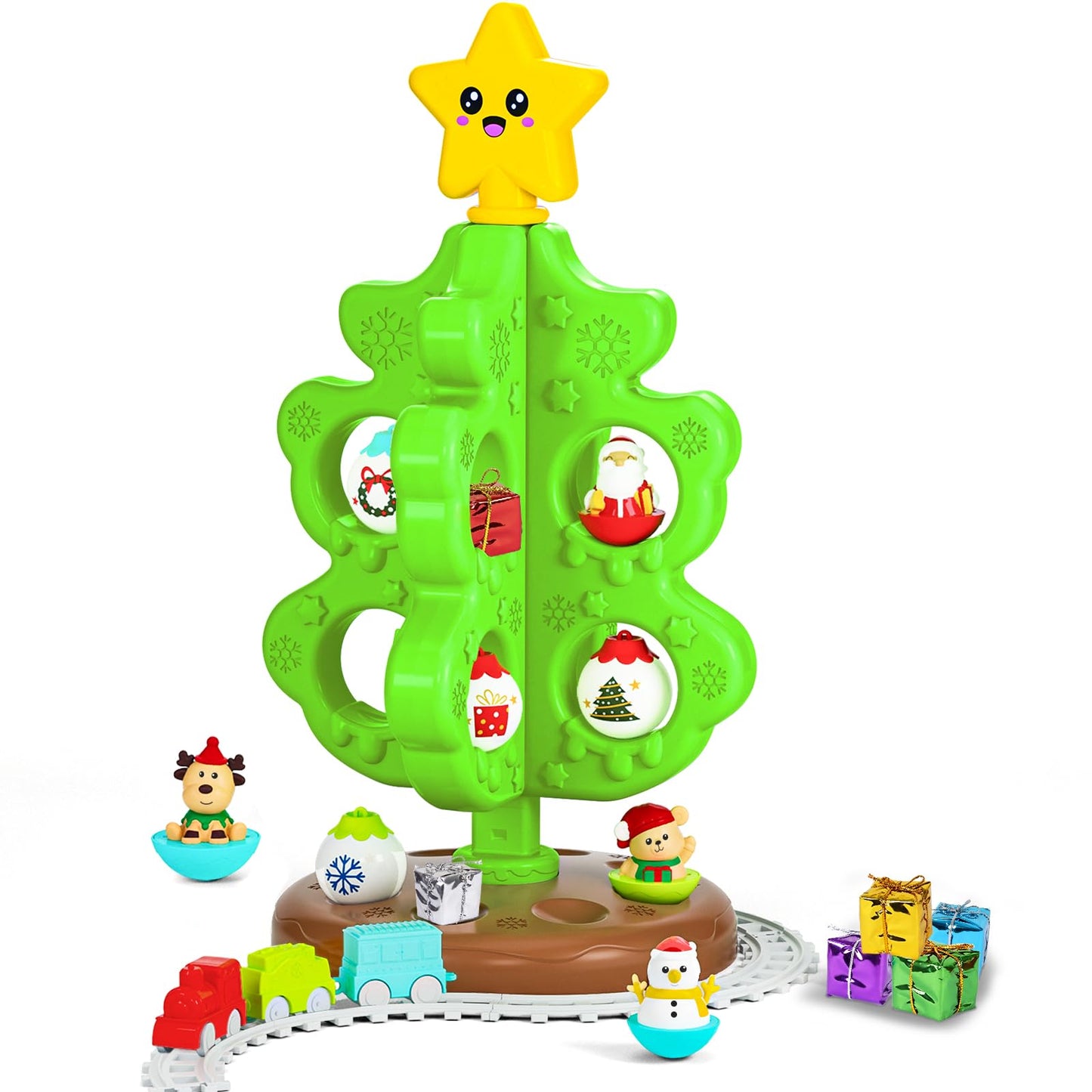 Surelect My First Christmas Tree For Toddlers, Montessori Christmas Decoration Toy With Ornaments, Mini Train Set, Roly Poly Toy