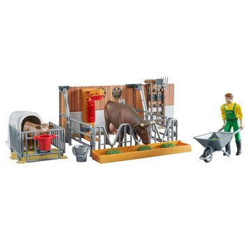Bruder bworld Cow and Calf Barn Set with Farmer - Green Plastic Model 62611