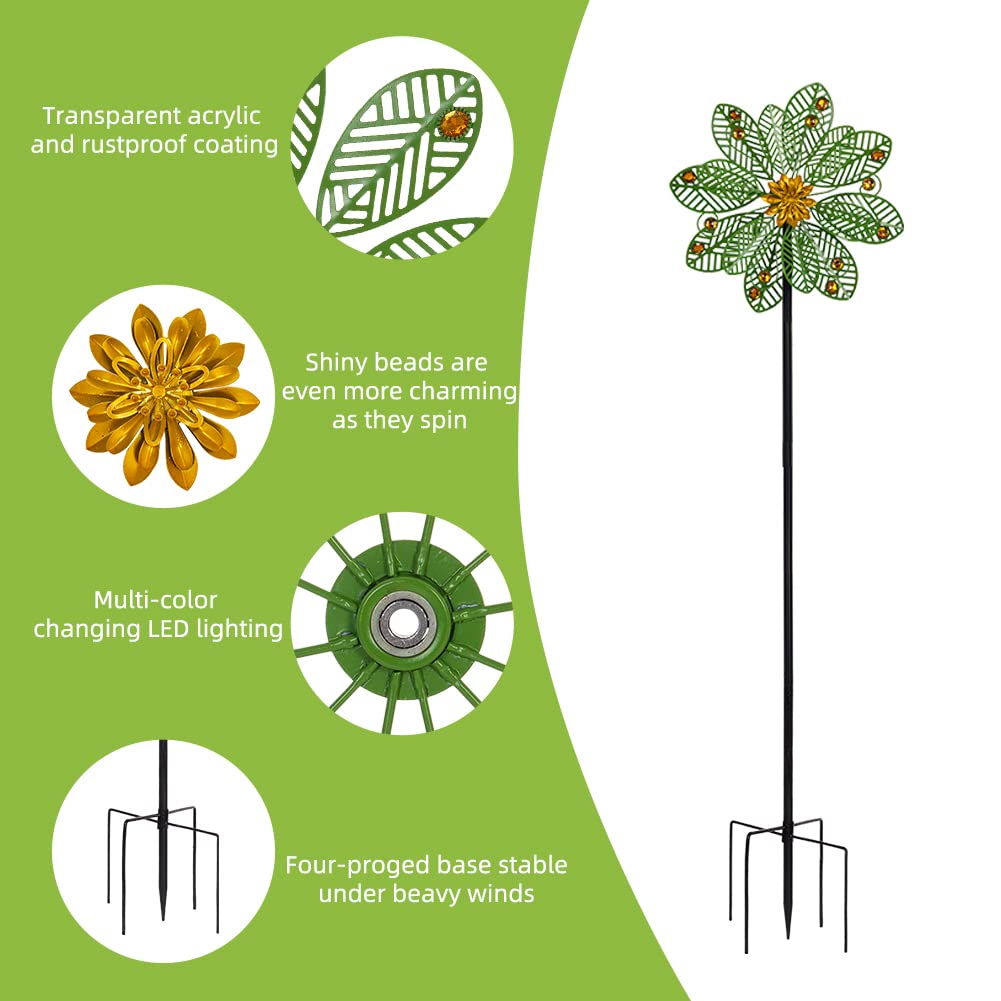 Stargarden Wind Spinner Outdoor, 58 Inch Metal Wind Sculpture Hollowed-Out Leaf Design Pinwheels for Yard and Garden