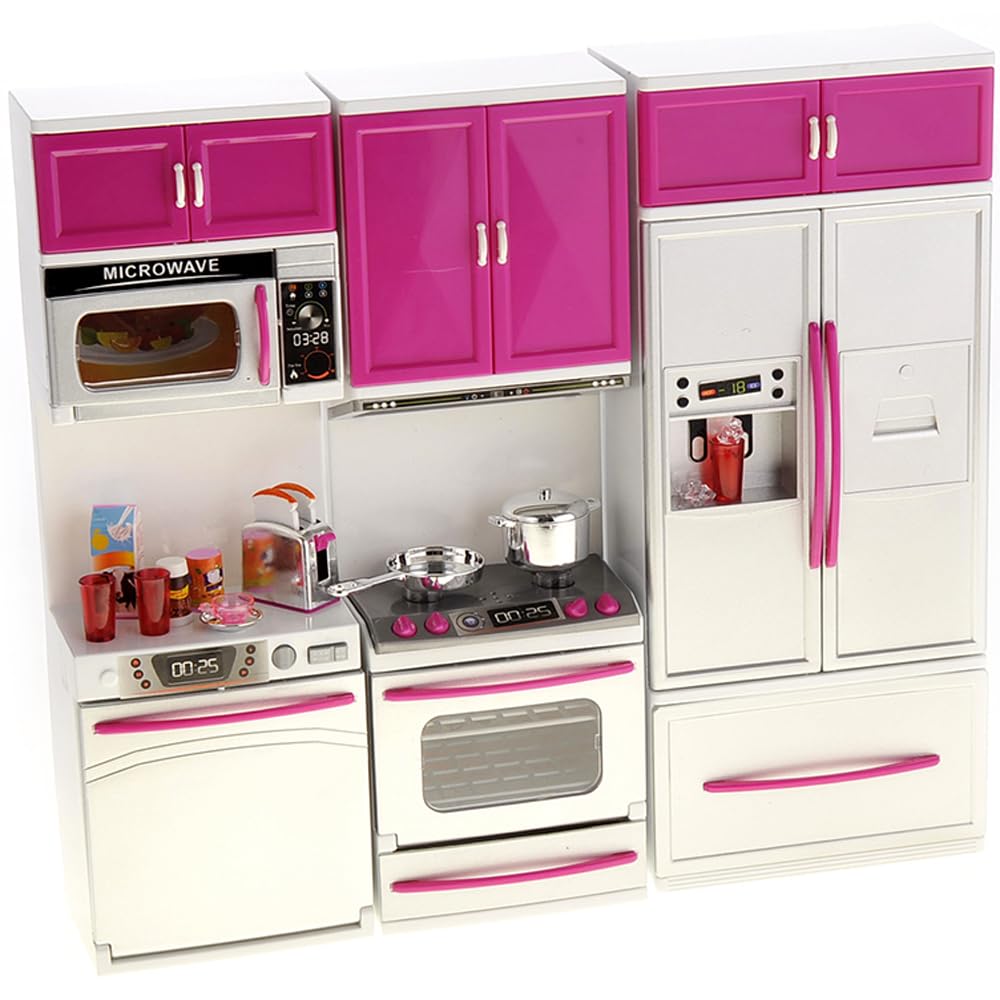 Doll Kitchen Playset, Mini Modern Kitchen Toys Pretend Play Furnitures Toy Sets Accessories Set with Realistic Light & Sound for
