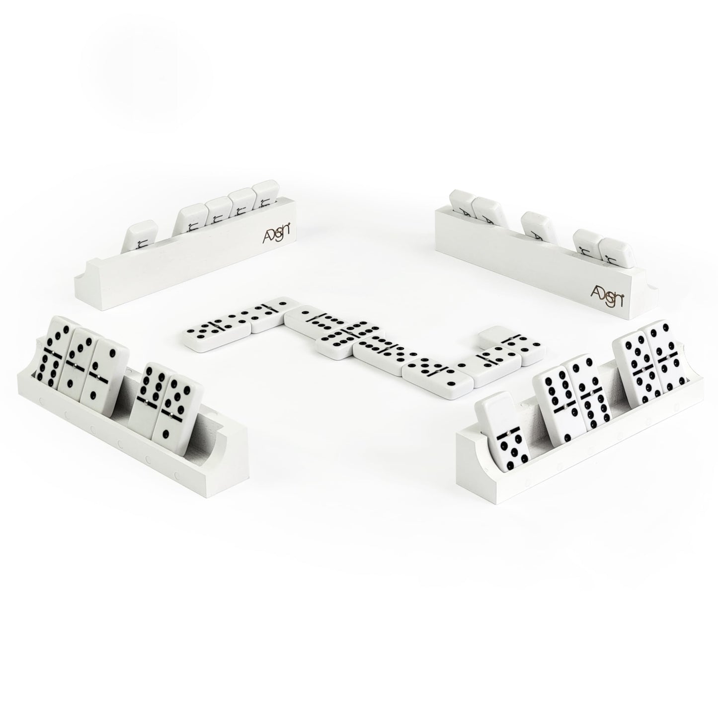 Domino Game Set Of 28 | Professional Double 6S | Multi-Use Box | Trays To Stand Tiles | By Adesign+ (Solid Wood White)