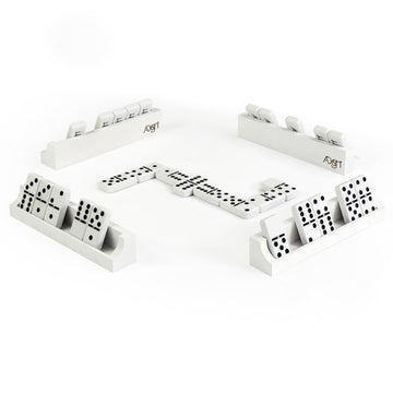 Domino Game Set Of 28 | Professional Double 6S | Multi-Use Box | Trays To Stand Tiles | By Adesign+ (Solid Wood White)