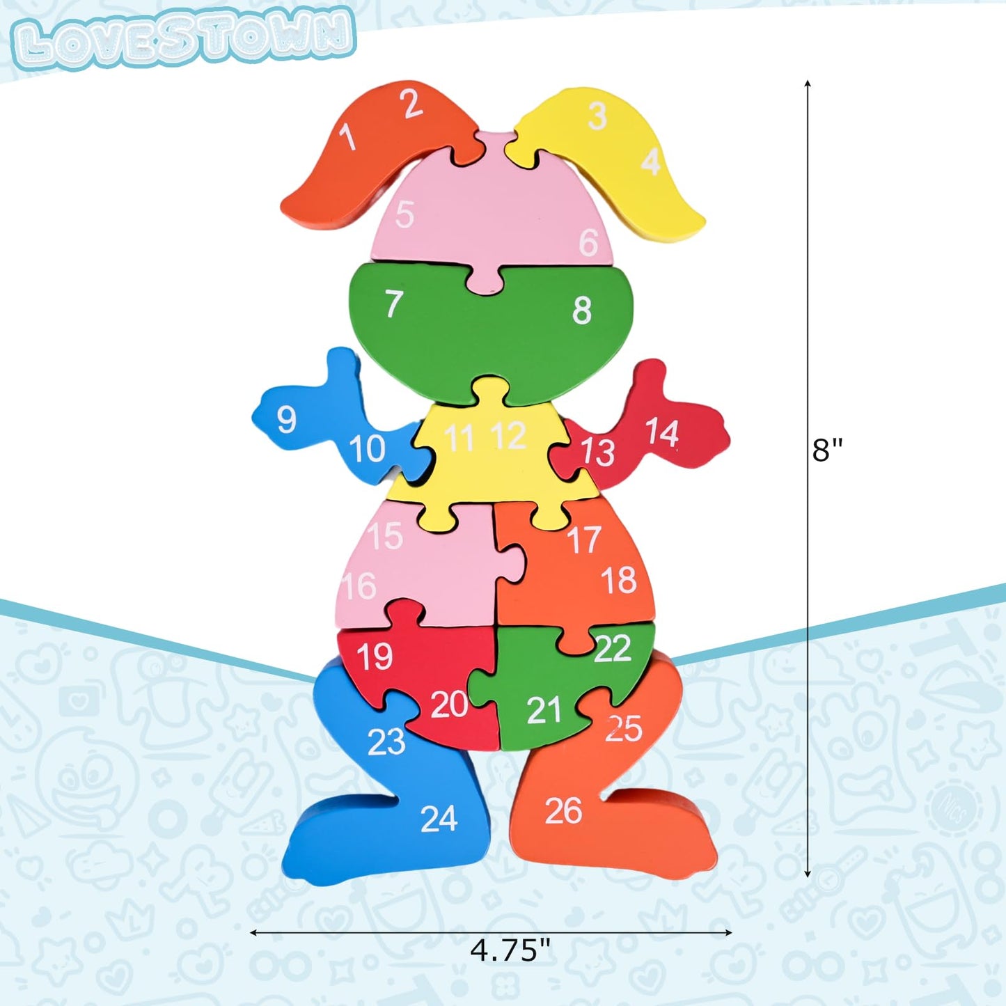 Lovestown Rabbit Wooden Puzzles, 26Pcs Alphabet And Number Building Blocks Wood Jigsaw Puzzle For Kids Preschool
