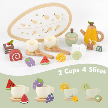 PairPear Wooden Toys Tea Party Set, Toddler Tea Set for Little Girls, Kids Pretend Play Kitchen Accessories, Wooden Play Food To
