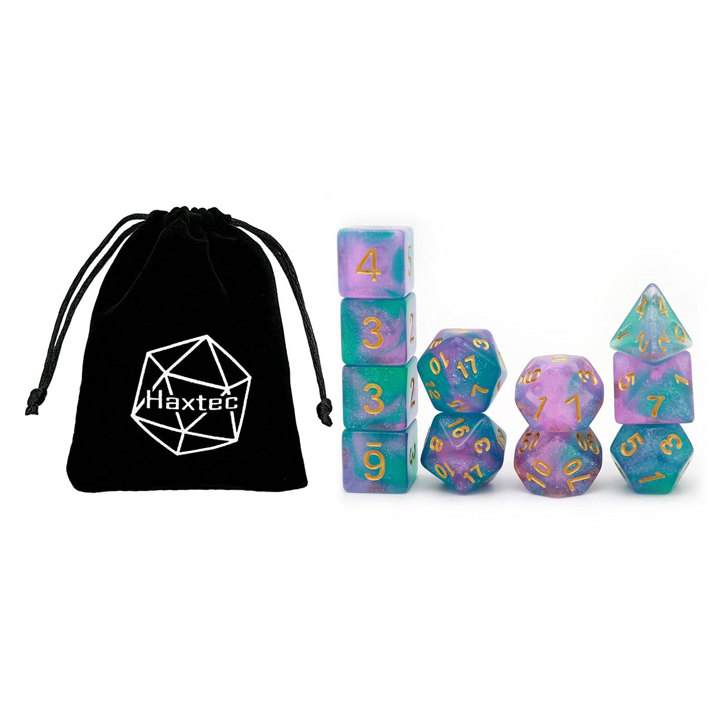 Haxtec 11 Piece Dice Set Extra D6 D20 Compatible with Dungeons and Dragons 5e RPG Games-Teal Purple Glitter