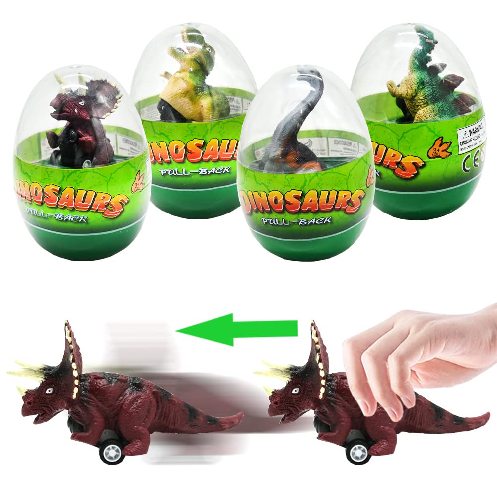 Easter Egg Prefilled with Dinosaur Pull Back Cars Toys, 4 Pcs Jumbo T-Rex Triceratops Dino for Basket Stuffers, Party Favors, Gi