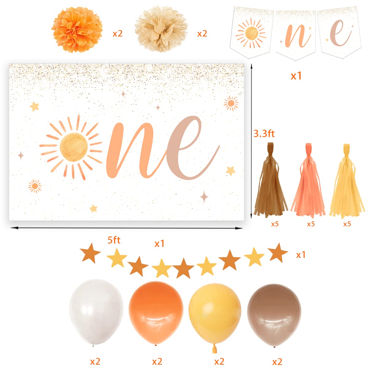 First Trip Around The Sun Set-Boho Sun 1St Birthday Party Decor With Sun Backdrop Banner, Balloons For Kids Birthday Party,Sun B