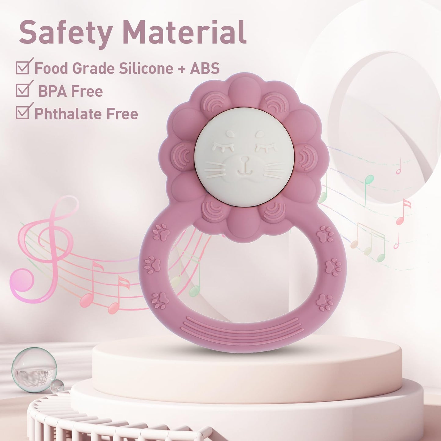 Dirbabi Rattle Teether, Lion Shape Montessori Baby Sensory Teething Toys, Food Grade Silicone Bpa Free, Newborn Essentials Must Haves (Shifting Sand Dusty Lilac)
