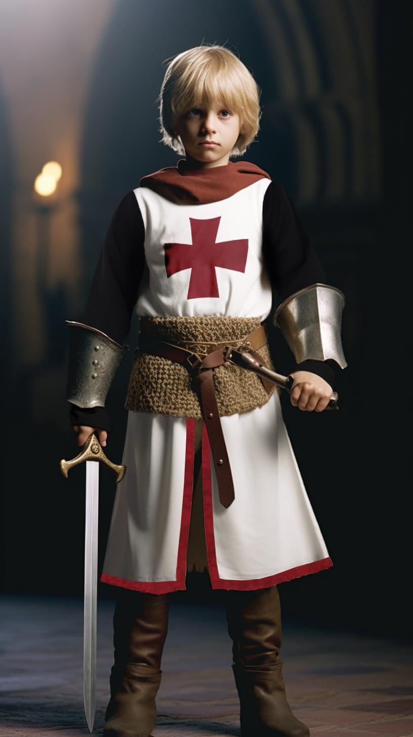 Vzqi Kids Crusader Costume White Medieval Knight Tunic Boys Outfit Renaissance Roman Warrior Costume Halloween With Belts L