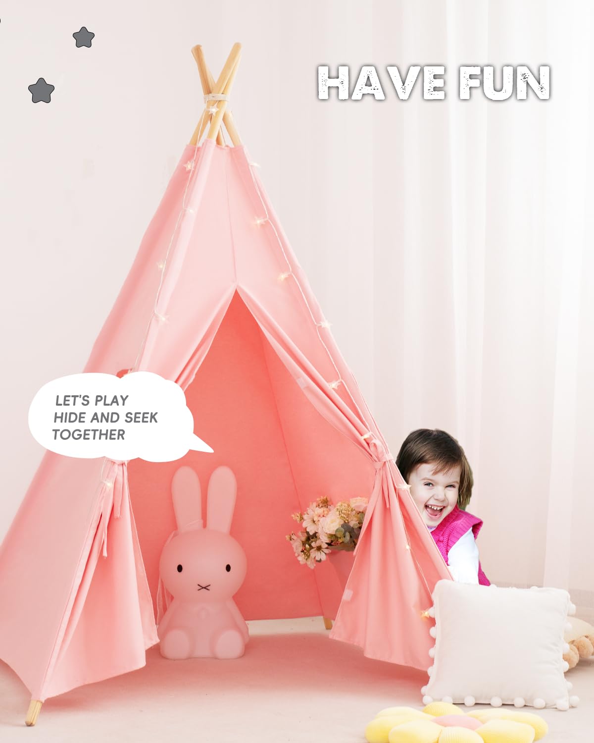 Xiaowantong Kids Teepee Tent With Lights & Carry Bag, Natural Cotton Canvas Toddler Play Tent For Girls & Boys, Washable Foldable Indoor/Outdoor Teepee