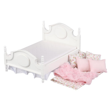 Dollhouse Furniture Mini Bed Set, Realistic Bedroom Accessories For 6 Inch Dolls, Pillow, Wooden Frame, 1/12 Scale (White Bed, Pink Bedding)