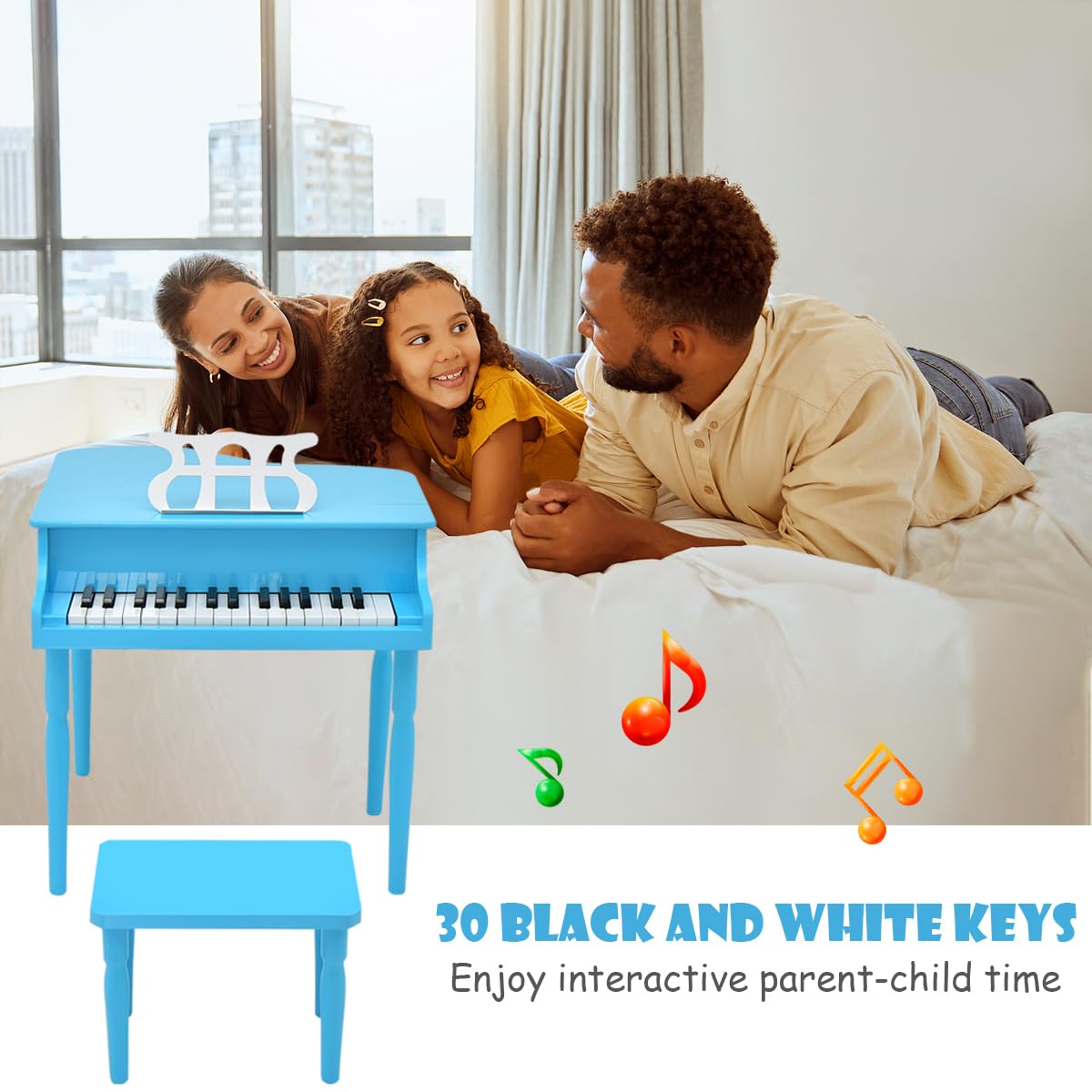 Honey Joy Classical Kids Piano, 30-Key Mini Grand Piano With Music Stand And Bench, Wooden Musical Instrument Toy With Lid & Mus