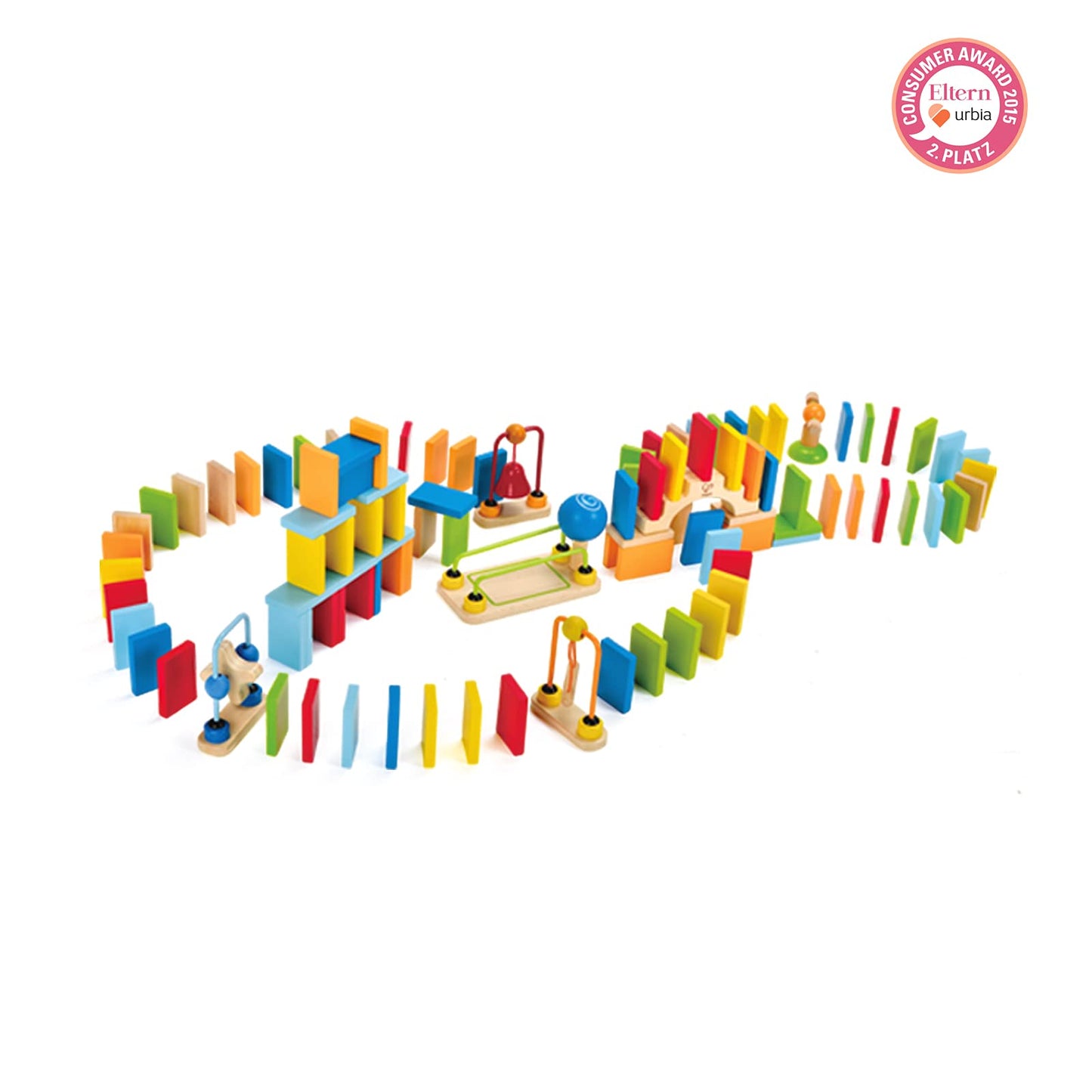Hape Dynamo Wooden Domino Set Award Winning Domino Racing Building Block Set For Kids, 107 Solid Pieces Of Fun Filled Racing, Bu