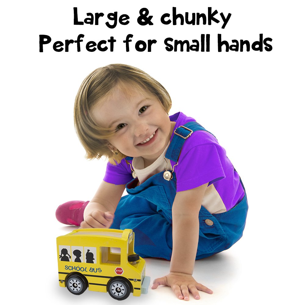 Wooden Wheels Natural Beechwood Chunky Cars and Vehicles Imagination Generation | for Children +12 Months | Yellow School Bus