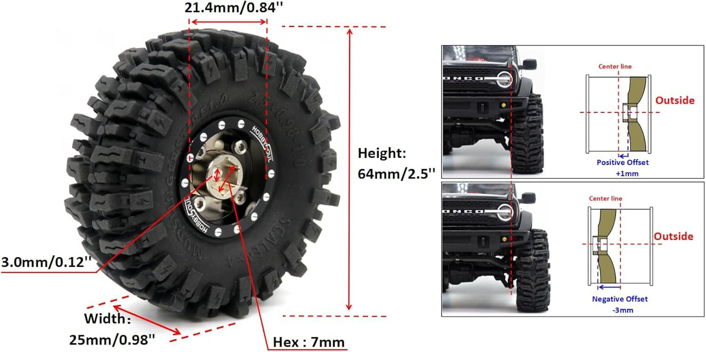 HOBBYSOUL RC 64 * 25mm 1.0 Mud Slingers Tires Soft Sticky Tyres & Heavy 1.0 beadlock Wheels Adjustable Offset Rims for RC Rock C