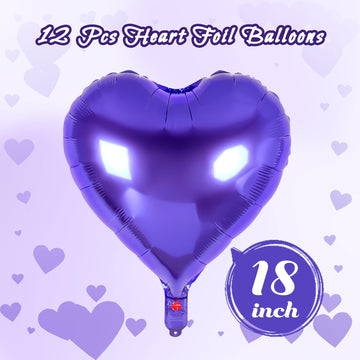 12 Pcs Heart Balloons,18 Inch Purple Heart Foil Balloons Love Balloons Valentine Balloons For Birthday Party Wedding Engagement