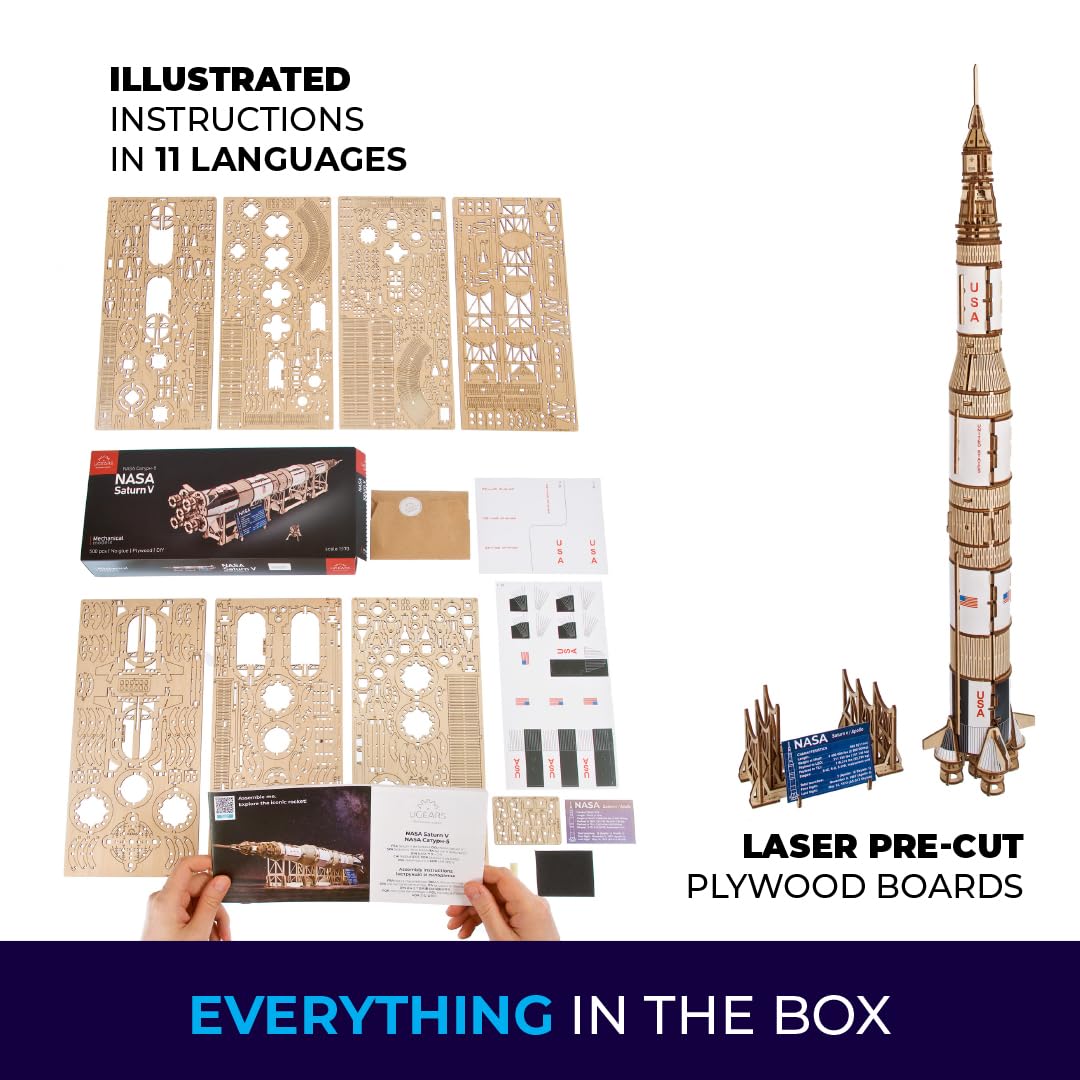 Ugears Nasa Saturn V Model Rocket Kit - Space Ship Model Kits For Adults - 3D Wooden Space Shuttle Building Puzzles - Rocketship Spacecraft 3D Wood Puzzle