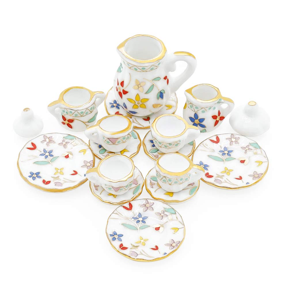 Odoria 1/12 Miniature Porcelain Tea Set 15Pcs Dollhouse Decoration Accessories, Blossom