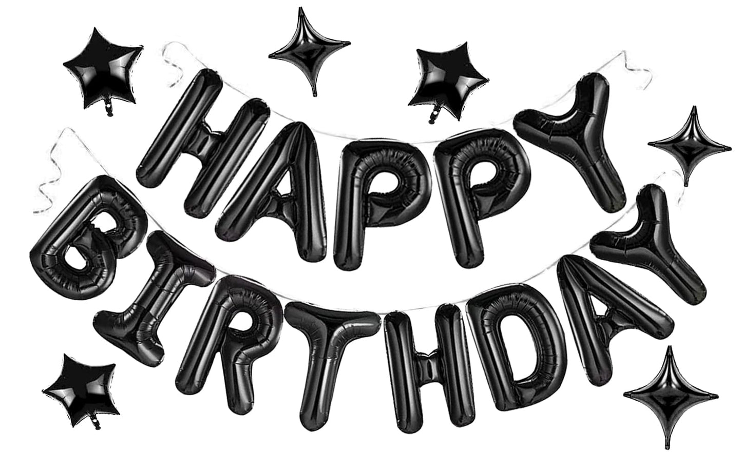 Black Happy Birthday Balloons Banner, 3D Mylar Foil Letter Birthday Balloons With 6Pcs Star Balloons, Birthday Party Decorations
