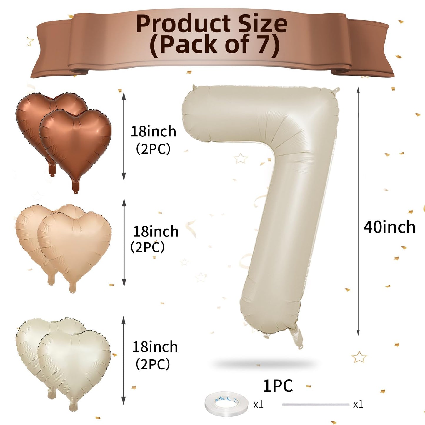 Biapian 40 Inch Cream White Number 7 Balloons, Beige White Large Number 7 Balloons With 18'' Cream Foil Heart Balloons Helium Fo