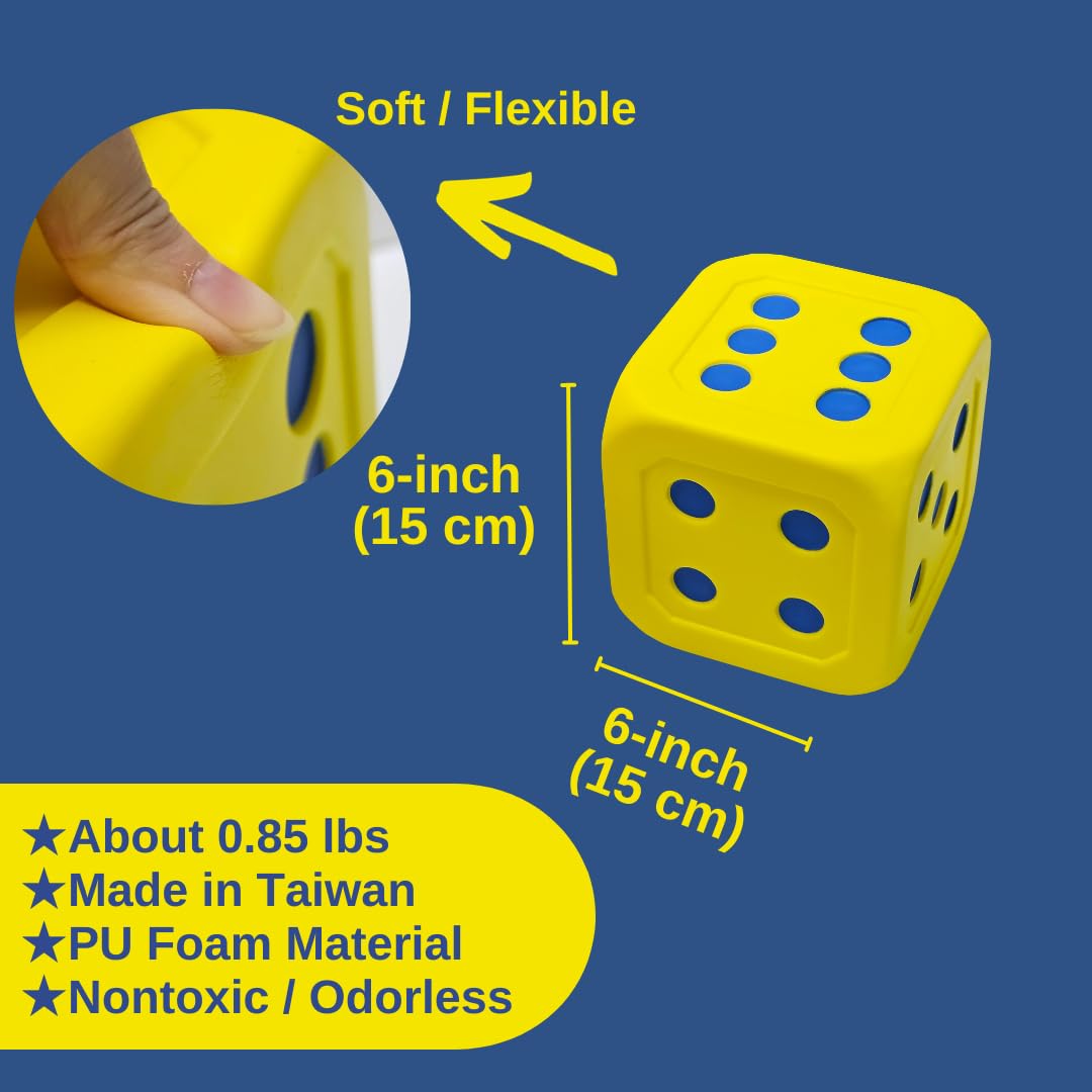 Macro Giant 6 Inch PU Foam Jumbo Big Playing Dice, Set of 2, Yellow, Math Teaching, Teaching Aids, Board Games, Kid Toy