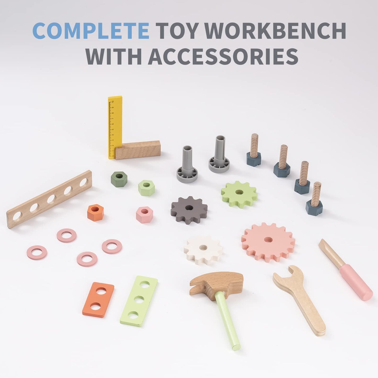 ROBOTIME Tool Bench Set for Toddlers - Mini Wooden Work Bench for Kids, Construction Toys w/Wooden Tools, Educational Pretend Pl