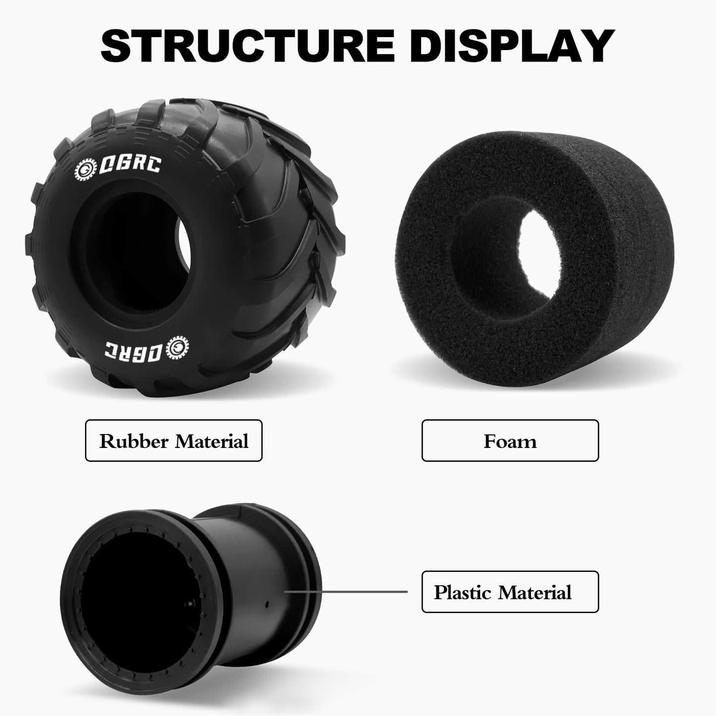 OGRC 1.0 RC Monster Truck Wheel Rim Tires Set for FCX24 SCX24 C10 JLU Deadbolt Gladiator Bronco 1/24 Crawler Car (Black)