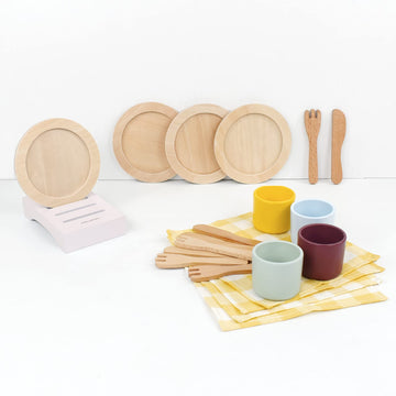 Pillowhale Wooden Toy Plates and Dishes Set,Play Kitchen Cutlery and Plate Set,21Piece Kids Kitchen Playset Accessories for Todd