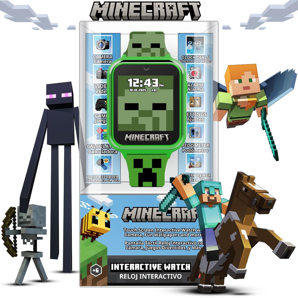 Minecraft Kids Smartwatch - Interactive Led Screen Watch With 10 Custom Watch Faces, Games, Camera, Alarm, Step Tracker & More - Fun Tech Gift For Boys And Girls - Fits Wrists 5.5'' To 8.0'